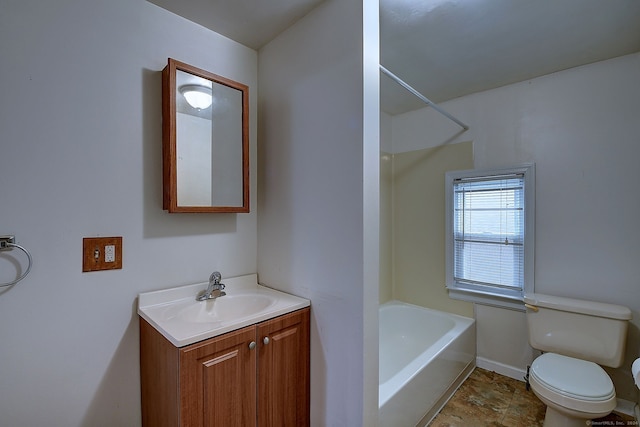 full bathroom featuring vanity, toilet, and washtub / shower combination