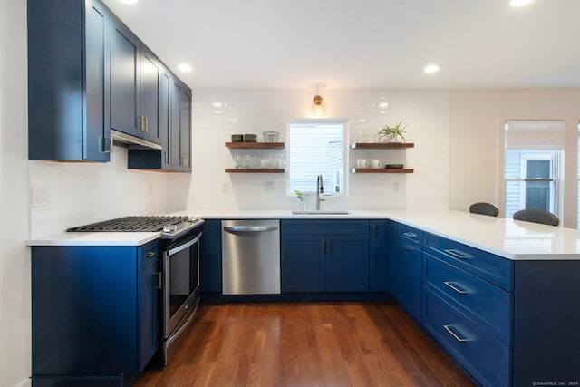 kitchen featuring sink, kitchen peninsula, stainless steel appliances, dark wood-type flooring, and blue cabinetry