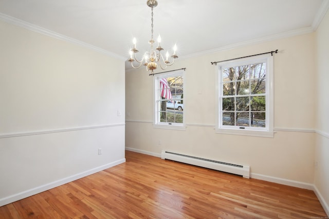 unfurnished room with crown molding, a notable chandelier, light hardwood / wood-style floors, and a baseboard heating unit