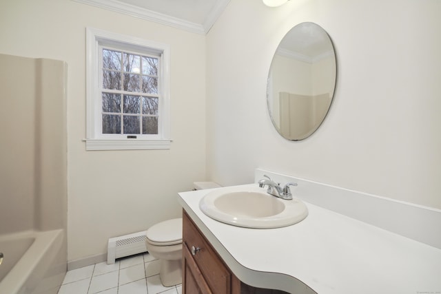 bathroom featuring crown molding, tile patterned flooring, a baseboard heating unit, vanity, and toilet