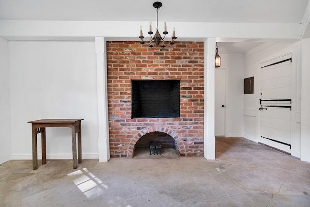 unfurnished living room with concrete floors, a notable chandelier, and electric panel