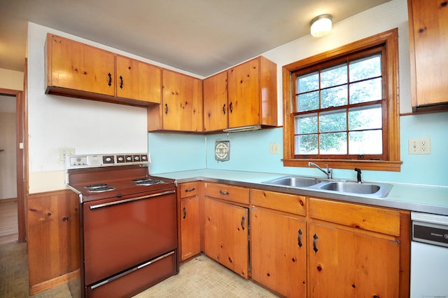 kitchen with light floors, a sink, electric range oven, light countertops, and dishwasher