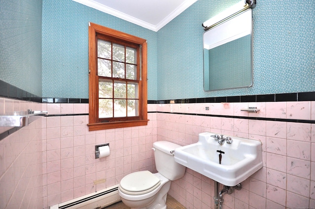 bathroom featuring a baseboard radiator, toilet, ornamental molding, and wallpapered walls