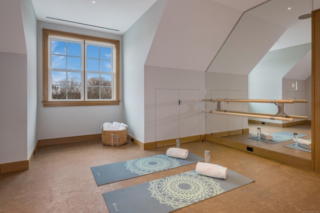 exercise room featuring lofted ceiling