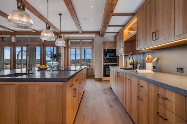 kitchen featuring sink, hanging light fixtures, a large island with sink, light hardwood / wood-style floors, and black appliances