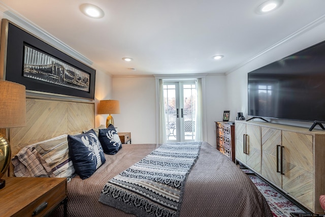 bedroom featuring crown molding and french doors