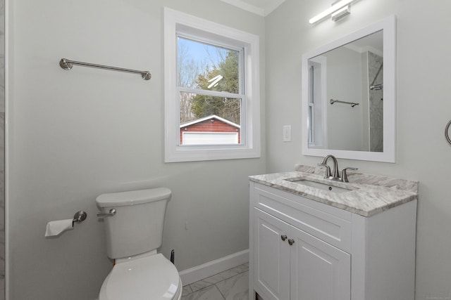 full bath with baseboards, toilet, marble finish floor, vanity, and a shower