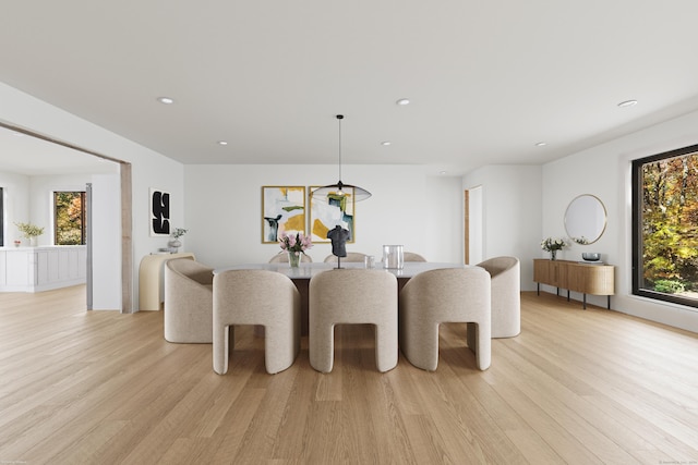 dining space with light hardwood / wood-style floors