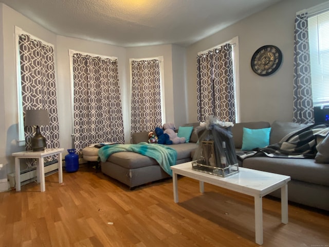 living room with a baseboard radiator, a textured ceiling, and light hardwood / wood-style flooring