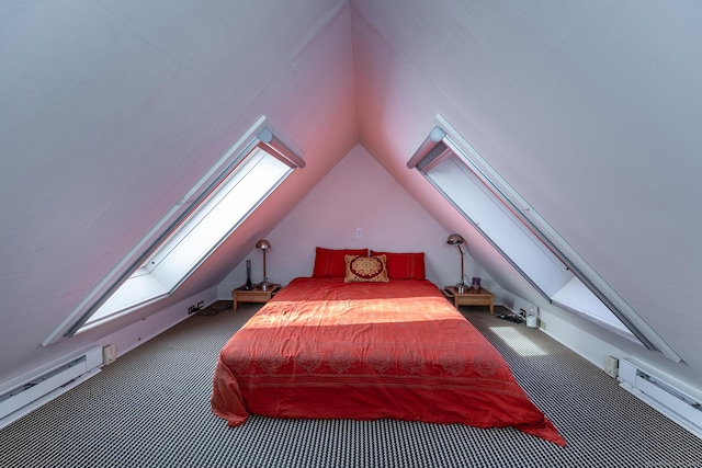 51 Wykeham Rd, Washington, CT 06793 - bedroom with a skylight, carpet floors, vaulted ceiling, and a baseboard heating unit