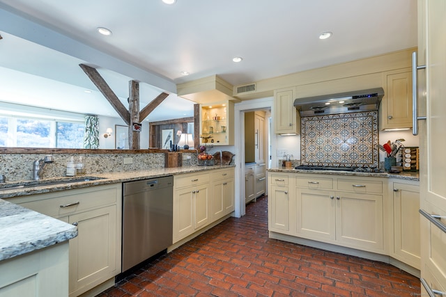 kitchen featuring dishwasher, tasteful backsplash, black gas cooktop, light stone counters, and ventilation hood