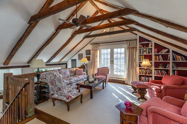 living room with ceiling fan, french doors, and lofted ceiling with beams