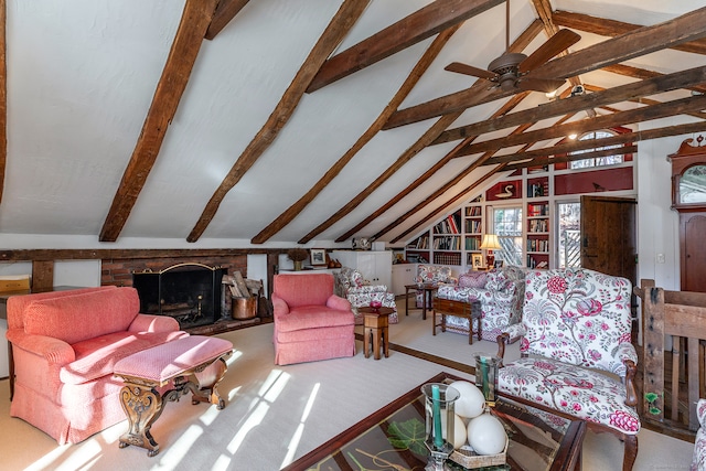 living room with lofted ceiling with beams and ceiling fan