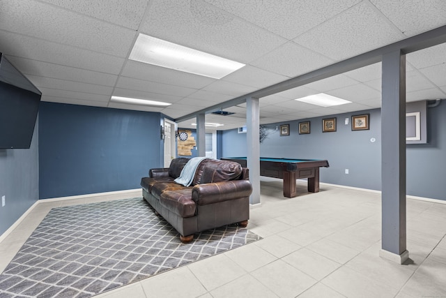 rec room featuring a drop ceiling and billiards