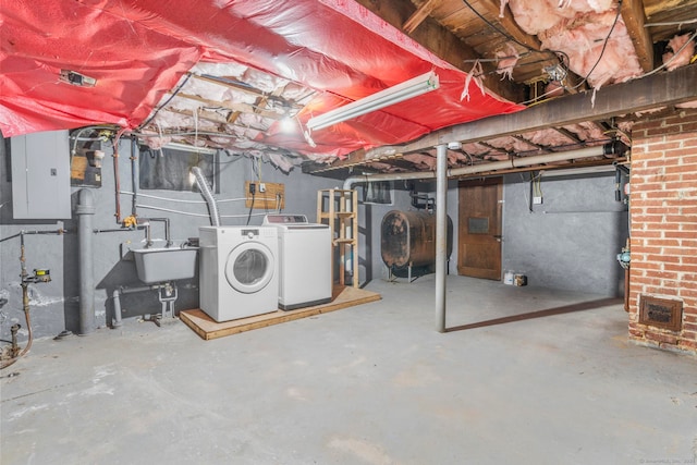 basement with washer and clothes dryer, electric panel, and sink