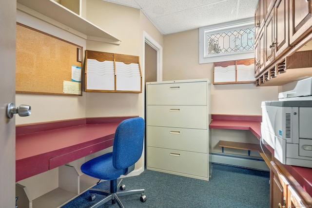 office with baseboard heating and carpet flooring