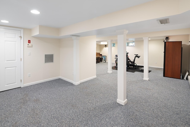 basement featuring carpet flooring