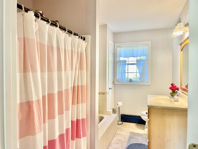 full bathroom featuring shower / bath combo, toilet, tile patterned flooring, a baseboard radiator, and vanity