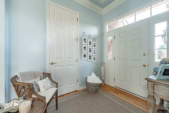 foyer with hardwood / wood-style floors, ornamental molding, and plenty of natural light