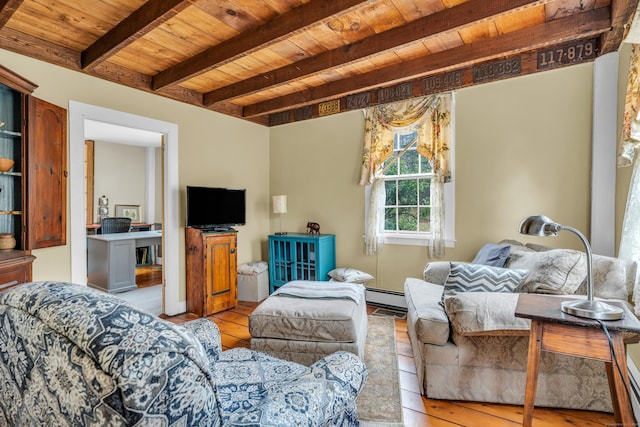 living area with a baseboard heating unit, hardwood / wood-style floors, beam ceiling, and wood ceiling