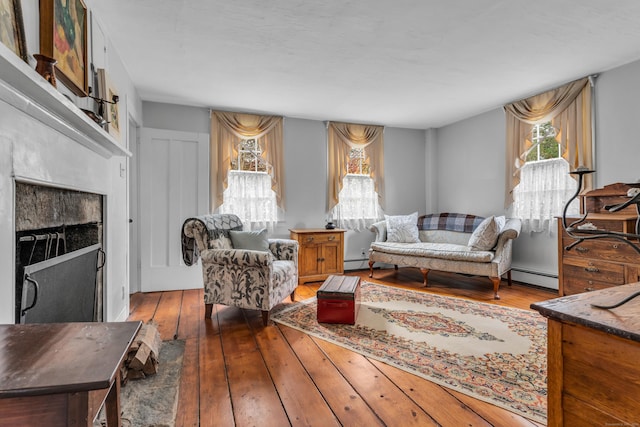 living area with a baseboard radiator and wood-type flooring