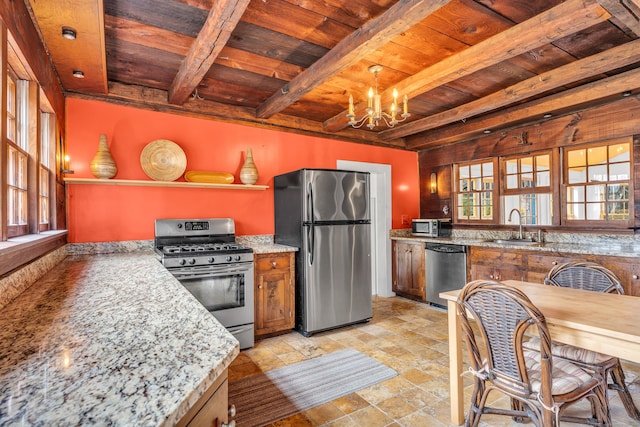 kitchen featuring an inviting chandelier, wood ceiling, a sink, beamed ceiling, and appliances with stainless steel finishes