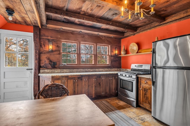 kitchen with an inviting chandelier, open shelves, wood ceiling, and appliances with stainless steel finishes