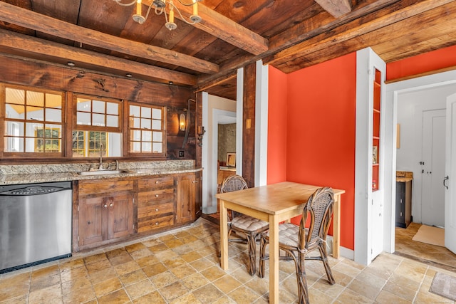 kitchen featuring stone tile floors, a sink, wooden ceiling, and stainless steel dishwasher