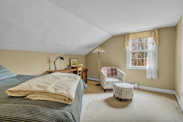 carpeted bedroom featuring baseboards, a baseboard radiator, and lofted ceiling