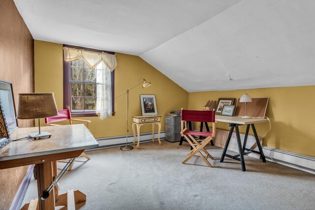office with lofted ceiling, carpet floors, and baseboard heating