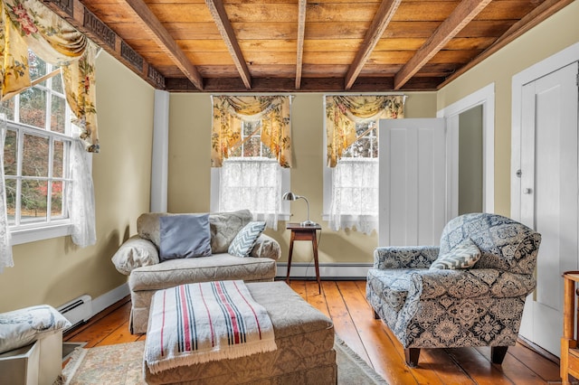 sitting room featuring a baseboard heating unit, hardwood / wood-style floors, beam ceiling, and wood ceiling