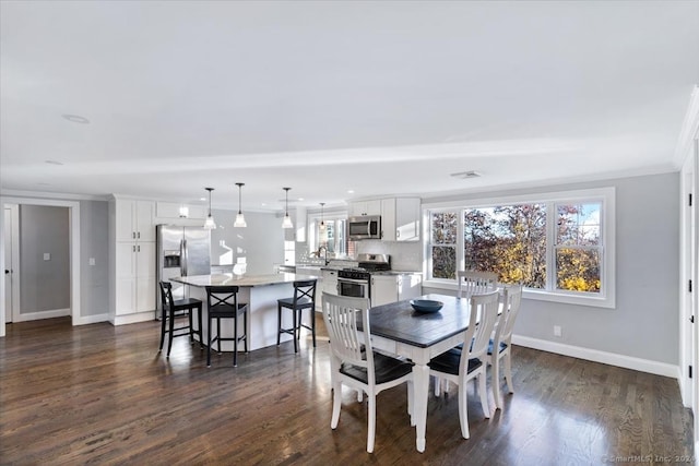 dining room featuring sink, crown molding, and dark wood-type flooring