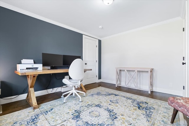 office with dark hardwood / wood-style flooring and crown molding