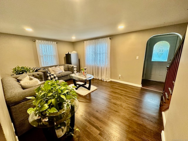 living room featuring dark wood-type flooring and a wealth of natural light