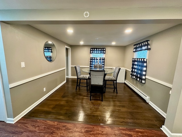 dining room featuring a baseboard radiator and dark hardwood / wood-style flooring