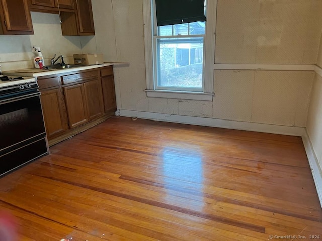 kitchen featuring light hardwood / wood-style floors, electric range oven, and sink