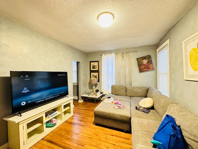 living room with a textured ceiling and light hardwood / wood-style floors