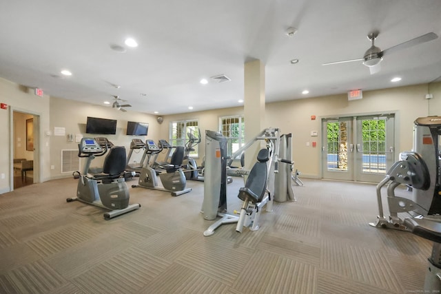 exercise room featuring french doors, light carpet, and ceiling fan