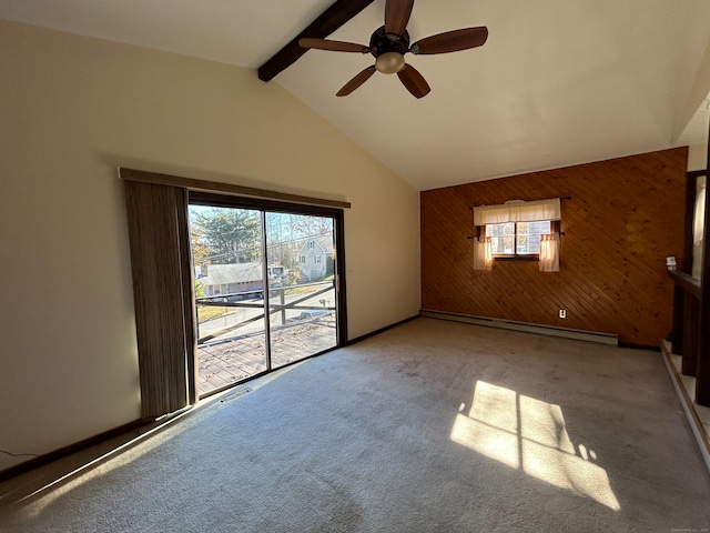 unfurnished living room featuring beam ceiling, a baseboard radiator, wooden walls, and carpet floors