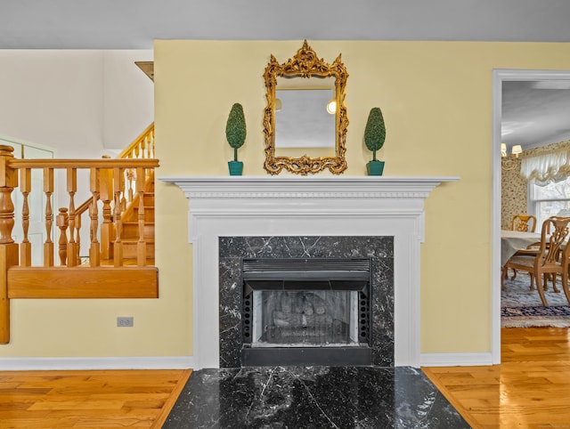 details with a fireplace and hardwood / wood-style flooring