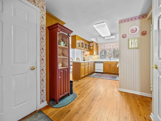 kitchen featuring dishwasher, a healthy amount of sunlight, light wood-type flooring, and a skylight