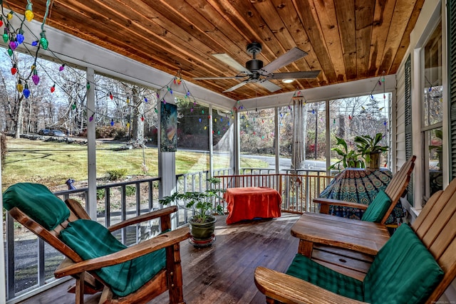 sunroom / solarium with ceiling fan and wood ceiling