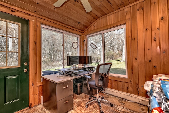 office with plenty of natural light and wood ceiling