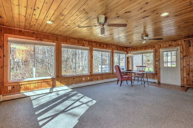 sunroom featuring a baseboard radiator, a wealth of natural light, ceiling fan, and wooden ceiling