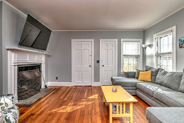 living room featuring ornamental molding and wood-type flooring