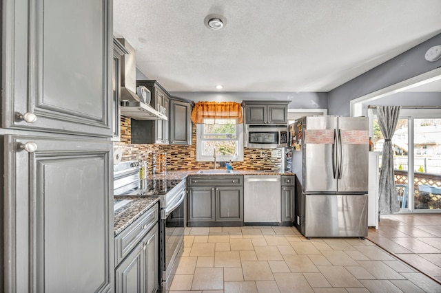 kitchen featuring stainless steel appliances, sink, wall chimney exhaust hood, dark stone countertops, and decorative backsplash