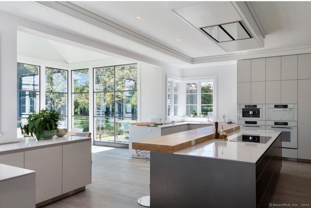 kitchen with white cabinetry, white double oven, and plenty of natural light