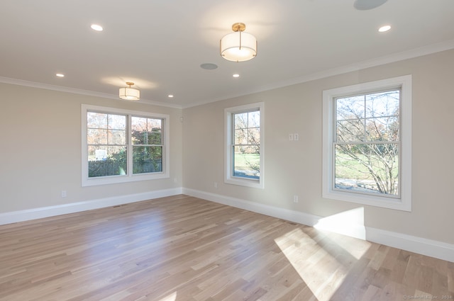 empty room featuring light hardwood / wood-style floors and ornamental molding