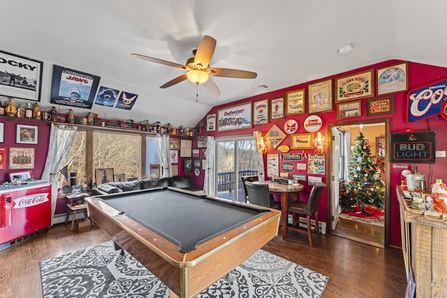 recreation room with lofted ceiling, a baseboard heating unit, ceiling fan, pool table, and dark hardwood / wood-style flooring