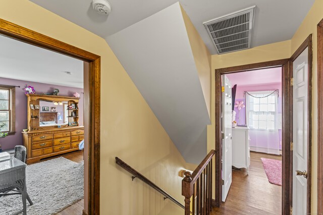 hall with vaulted ceiling, light hardwood / wood-style flooring, and plenty of natural light